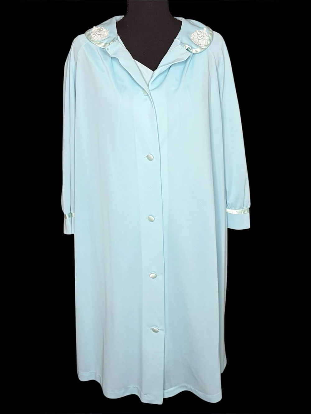 Aristocraft 60s Vtg Blue Nylon Peignoir 2 Piece Set Rose Applique Sz S